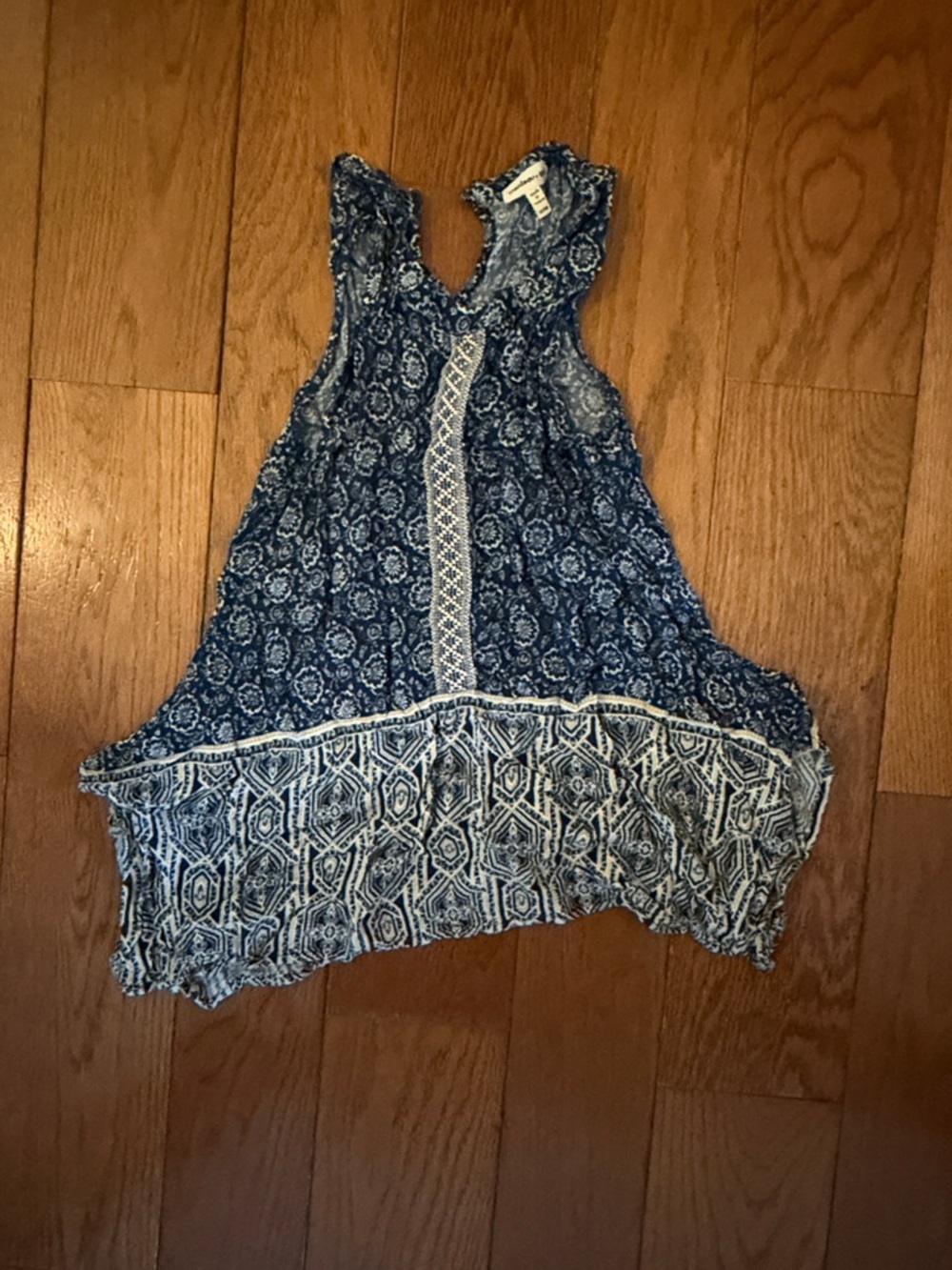 Monteau Blue Printed High-Low Sleeveless Tunic with Lace Panel